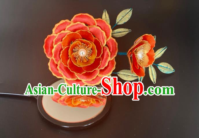China Handmade Red Silk Peony Hairpin Traditional Hanfu Hair Accessories Ancient Tang Dynasty Court Beauty Hair Comb