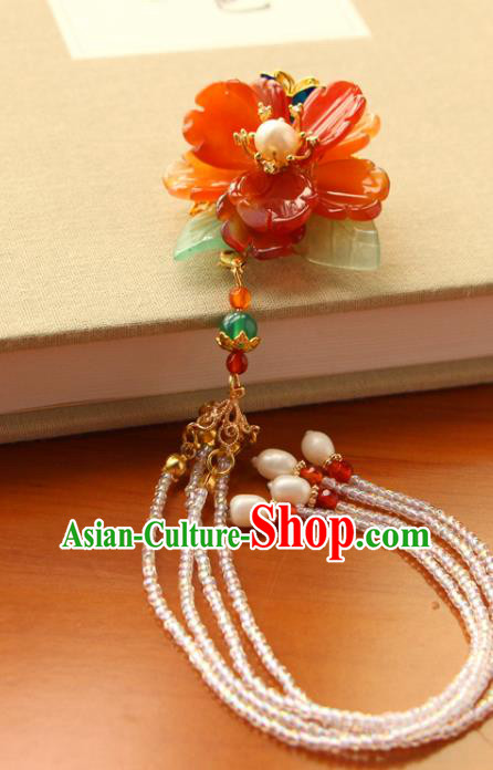China Ancient Princess Agate Peony Hairpin Traditional Hanfu Hair Accessories Ming Dynasty Beads Tassel Hair Claw