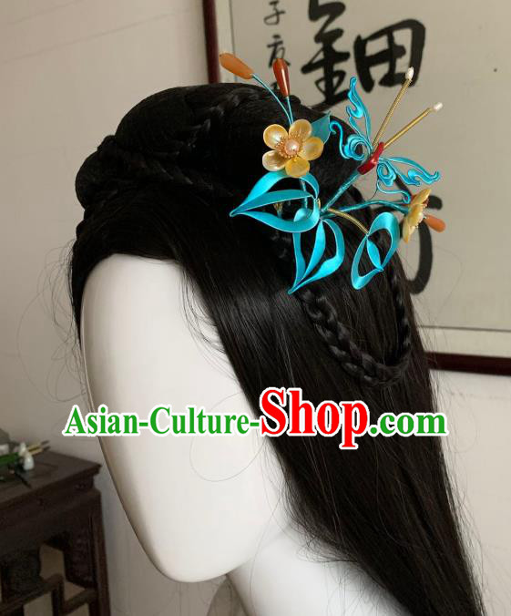 China Handmade Blue Silk Hairpin Traditional Hanfu Hair Accessories Ancient Song Dynasty Princess Shell Plum Hair Crown