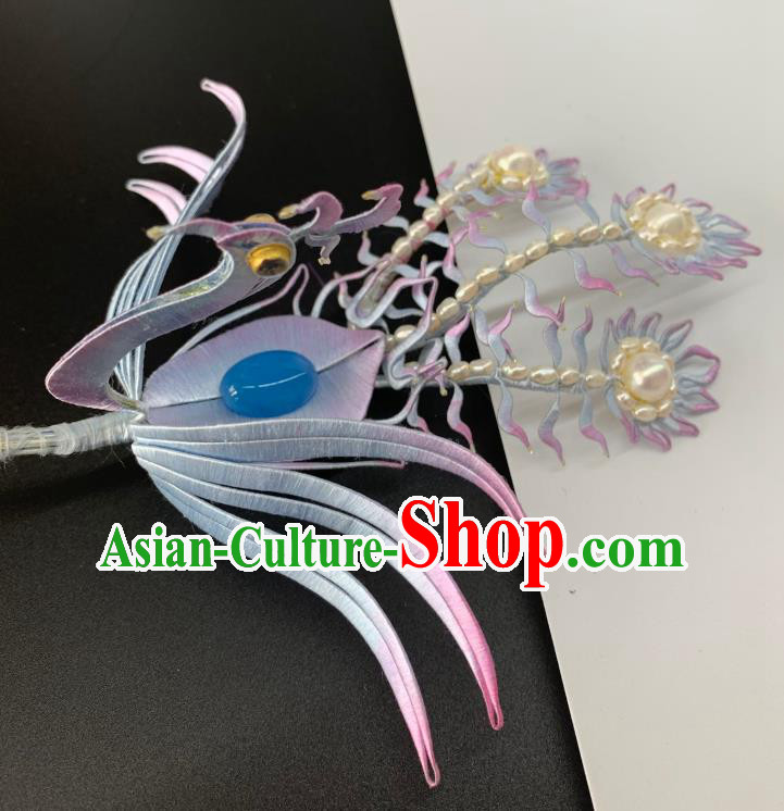 China Handmade Lilac Silk Phoenix Hairpin Traditional Hanfu Hair Accessories Ancient Ming Dynasty Princess Pearls Hair Crown