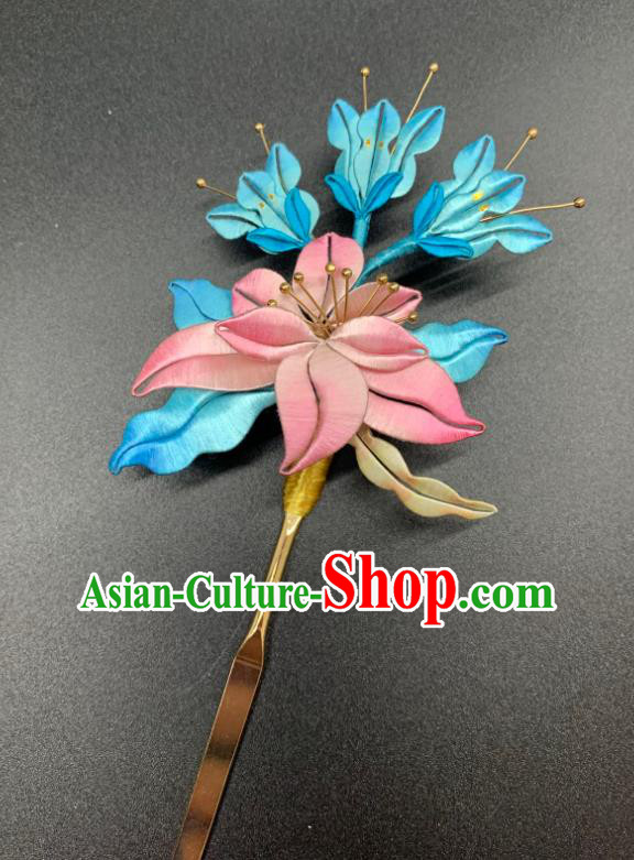 China Handmade Silk Lotus Hairpin Traditional Hanfu Hair Accessories Ancient Ming Dynasty Palace Lady Hair Stick