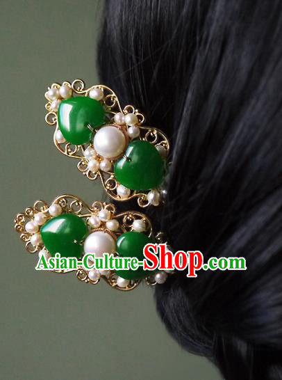 Chinese Ancient Noble Woman Jade Hairpin Hair Accessories Traditional Ming Dynasty Pearls Hair Stick
