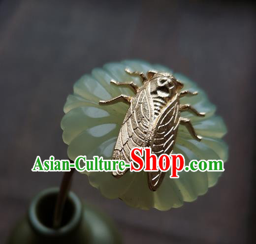 Chinese Ancient Princess Golden Cicada Hairpin Hair Accessories Traditional Song Dynasty Jade Flower Hair Stick