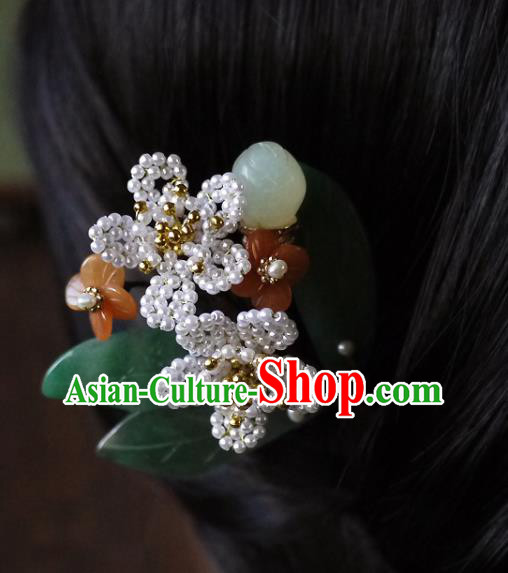Chinese Ancient Imperial Concubine Jade Hairpin Hair Accessories Traditional Qing Dynasty Pearls Peach Blossom Hair Stick