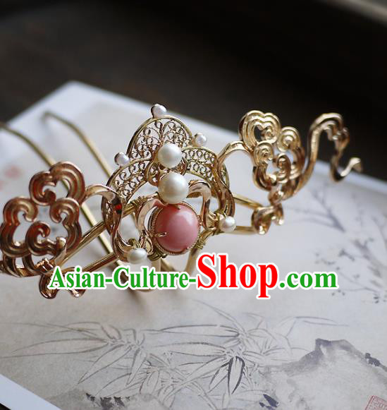 Chinese Ancient Queen Golden Hairpin Hair Accessories Traditional Tang Dynasty Empress Pearls Hair Crown