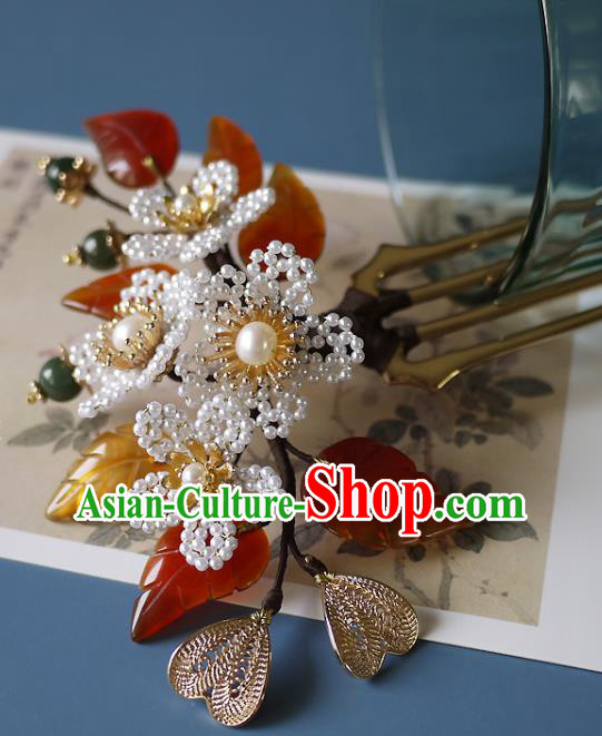 Chinese Ancient Court Beauty Pearls Flowers Hairpin Hair Accessories Traditional Song Dynasty Agate Leaf Hair Comb