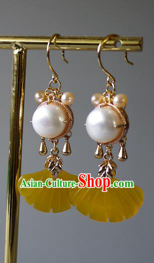 Chinese Ancient Princess Topaz Ginkgo Leaf Ear Accessories Traditional Qing Dynasty Pearls Earrings