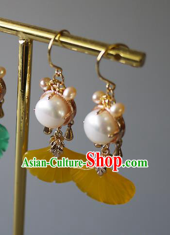Chinese Ancient Princess Topaz Ginkgo Leaf Ear Accessories Traditional Qing Dynasty Pearls Earrings