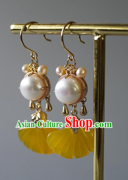 Chinese Ancient Princess Topaz Ginkgo Leaf Ear Accessories Traditional Qing Dynasty Pearls Earrings