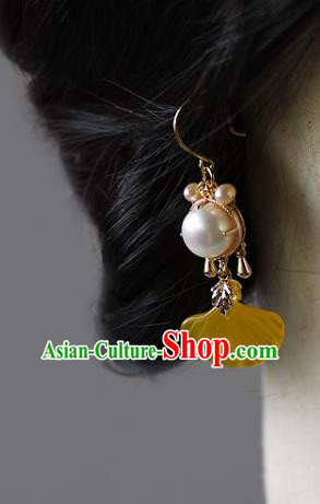 Chinese Ancient Princess Topaz Ginkgo Leaf Ear Accessories Traditional Qing Dynasty Pearls Earrings