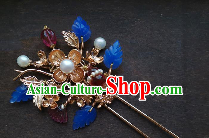 Chinese Ancient Imperial Consort Garnet Hairpin Hair Accessories Traditional Qing Dynasty Golden Plum Hair Stick
