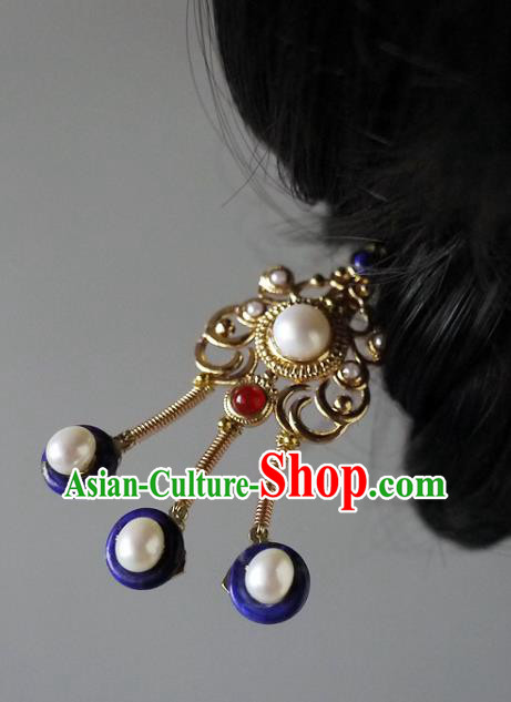 Chinese Ancient Empress Pearls Hairpin Hair Accessories Traditional Qing Dynasty Queen Golden Hair Stick