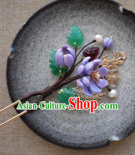 Chinese Ancient Royal Princess Purple Flowers Hairpin Traditional Ming Dynasty Palace Lady Hair Stick