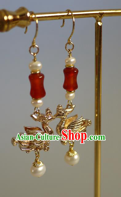 Chinese Ancient Court Woman Golden Phoenix Ear Accessories Traditional Ming Dynasty Empress Agate Pearls Earrings