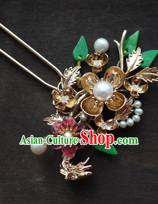 Chinese Ancient Queen Golden Plum Hairpin Hair Accessories Traditional Qing Dynasty Imperial Consort Garnet Hair Stick