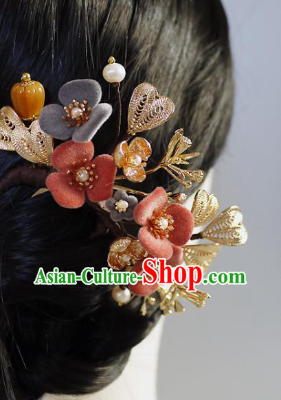 Chinese Ancient Young Beauty Pearls Hairpin Traditional Song Dynasty Princess Flowers Hair Comb