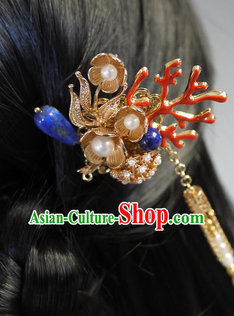 Chinese Ancient Empress Golden Tassel Hairpin Traditional Qing Dynasty Queen Coral Hair Stick