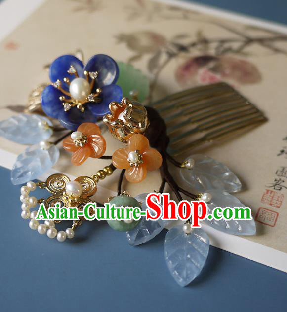 Chinese Ancient Empress Jade Hairpin Hair Accessories Traditional Qing Dynasty Imperial Consort Lapis Plum Hair Comb