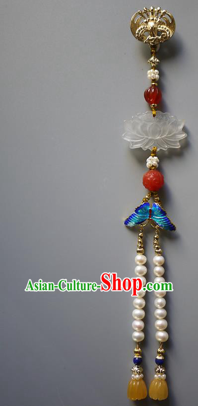 China Traditional Cheongsam Jade Lotus Accessories Ancient Qing Dynasty Pearls Tassel Brooch Pendant