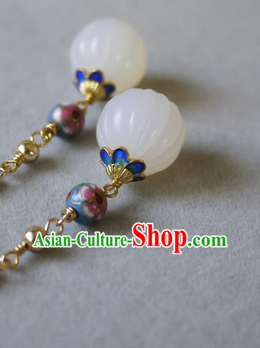Chinese Ancient Qing Dynasty Empress White Jade Ear Accessories Traditional Cheongsam Enamel Earrings