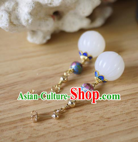 Chinese Ancient Qing Dynasty Empress White Jade Ear Accessories Traditional Cheongsam Enamel Earrings