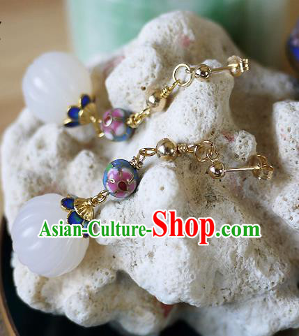 Chinese Ancient Qing Dynasty Empress White Jade Ear Accessories Traditional Cheongsam Enamel Earrings