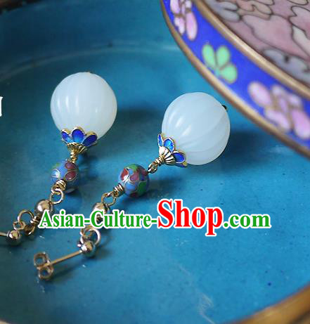 Chinese Ancient Qing Dynasty Empress White Jade Ear Accessories Traditional Cheongsam Enamel Earrings