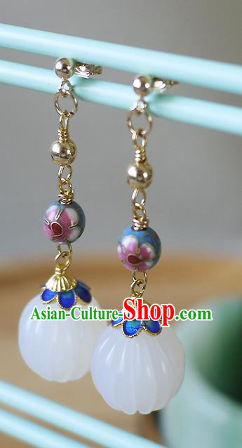 Chinese Ancient Qing Dynasty Empress White Jade Ear Accessories Traditional Cheongsam Enamel Earrings