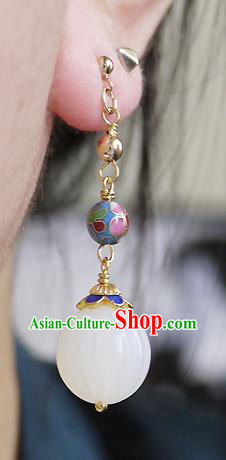 Chinese Ancient Qing Dynasty Empress White Jade Ear Accessories Traditional Cheongsam Enamel Earrings