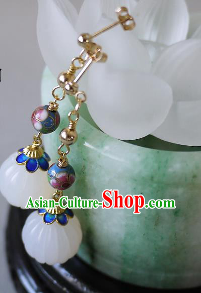 Chinese Ancient Qing Dynasty Empress White Jade Ear Accessories Traditional Cheongsam Enamel Earrings