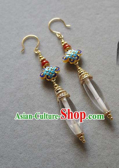 Chinese Ancient Court Woman Cloisonne Ear Accessories Traditional Cheongsam White Crystal Earrings