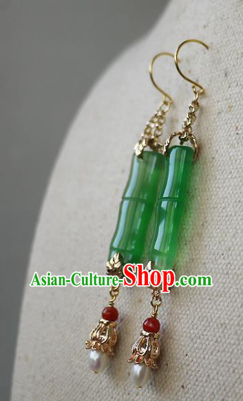 Chinese Ancient Palace Woman Ear Accessories Traditional Cheongsam Chrysoprase Bamboo Earrings