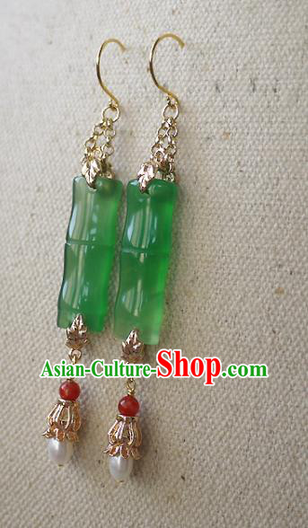 Chinese Ancient Palace Woman Ear Accessories Traditional Cheongsam Chrysoprase Bamboo Earrings
