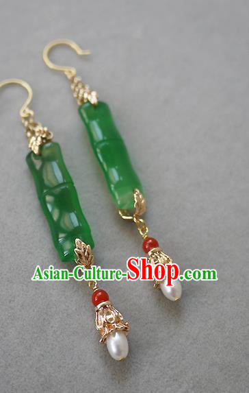 Chinese Ancient Palace Woman Ear Accessories Traditional Cheongsam Chrysoprase Bamboo Earrings