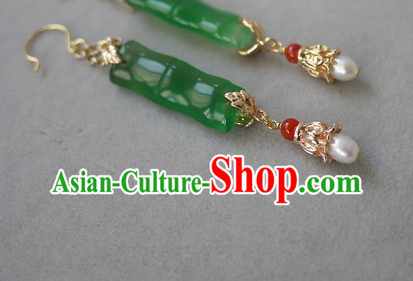 Chinese Ancient Palace Woman Ear Accessories Traditional Cheongsam Chrysoprase Bamboo Earrings
