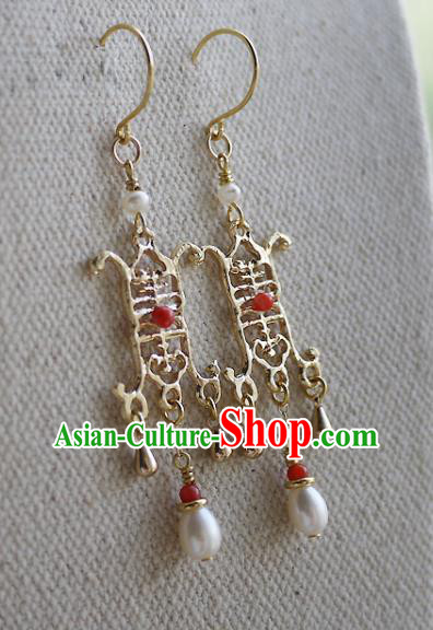 Chinese Ancient Royal Empress Ear Accessories Traditional Cheongsam Wedding Golden Earrings