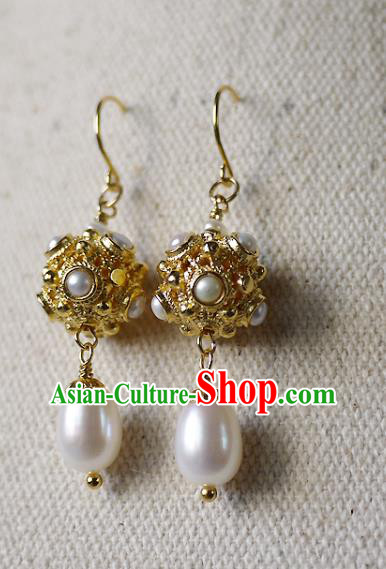 Chinese Ancient Tang Dynasty Princess Ear Accessories Traditional Cheongsam Pearls Golden Earrings