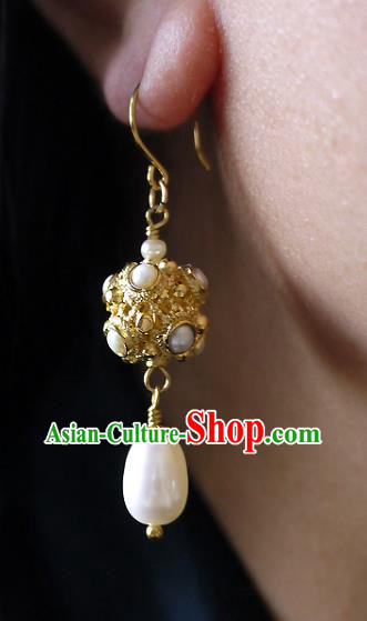 Chinese Ancient Tang Dynasty Princess Ear Accessories Traditional Cheongsam Pearls Golden Earrings