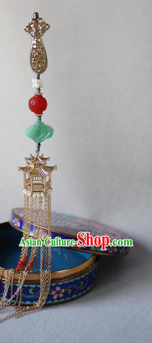 China Traditional Cheongsam Golden Pavilion Tassel Accessories Ancient Qing Dynasty Brooch Pendant