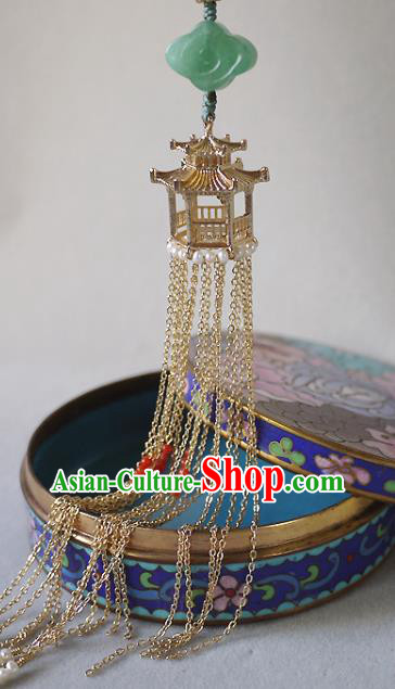 China Traditional Cheongsam Golden Pavilion Tassel Accessories Ancient Qing Dynasty Brooch Pendant