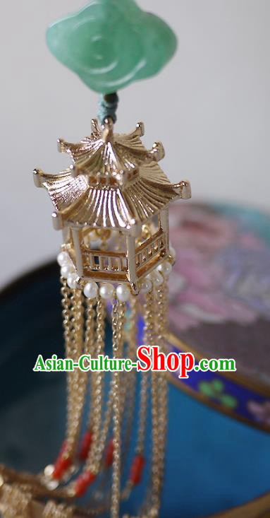 China Traditional Cheongsam Golden Pavilion Tassel Accessories Ancient Qing Dynasty Brooch Pendant