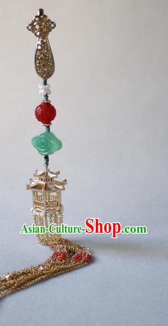 China Traditional Cheongsam Golden Pavilion Tassel Accessories Ancient Qing Dynasty Brooch Pendant