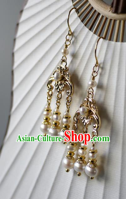 Chinese Ancient Empress Pearls Tassel Ear Accessories Traditional Qing Dynasty Court Golden Earrings