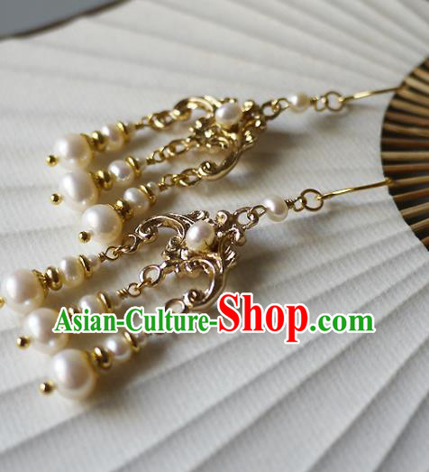 Chinese Ancient Empress Pearls Tassel Ear Accessories Traditional Qing Dynasty Court Golden Earrings