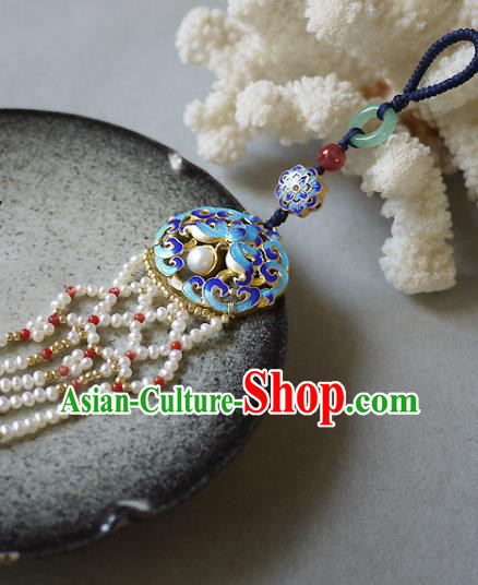 China Traditional Cheongsam Pearls Tassel Accessories Ancient Qing Dynasty Cloisonne Lotus Brooch Pendant
