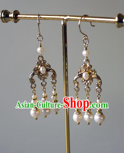 Chinese Ancient Empress Pearls Tassel Ear Accessories Traditional Qing Dynasty Court Golden Earrings