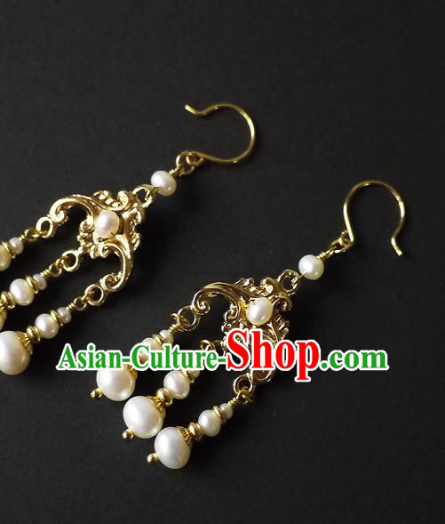 Chinese Ancient Empress Pearls Tassel Ear Accessories Traditional Qing Dynasty Court Golden Earrings