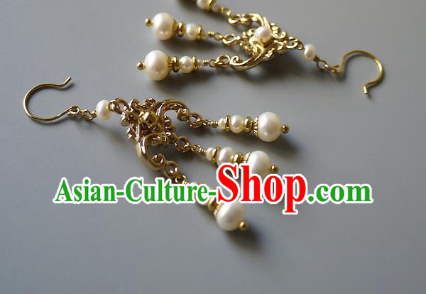 Chinese Ancient Empress Pearls Tassel Ear Accessories Traditional Qing Dynasty Court Golden Earrings