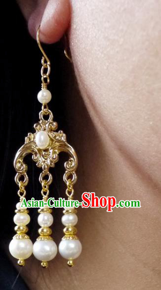 Chinese Ancient Empress Pearls Tassel Ear Accessories Traditional Qing Dynasty Court Golden Earrings
