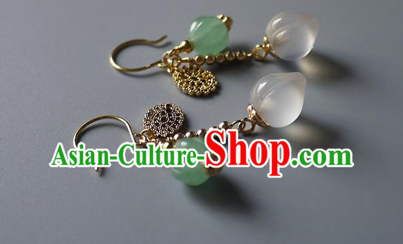 Chinese Ancient Court Lady Ear Accessories Traditional Qing Dynasty White Chalcedony Earrings